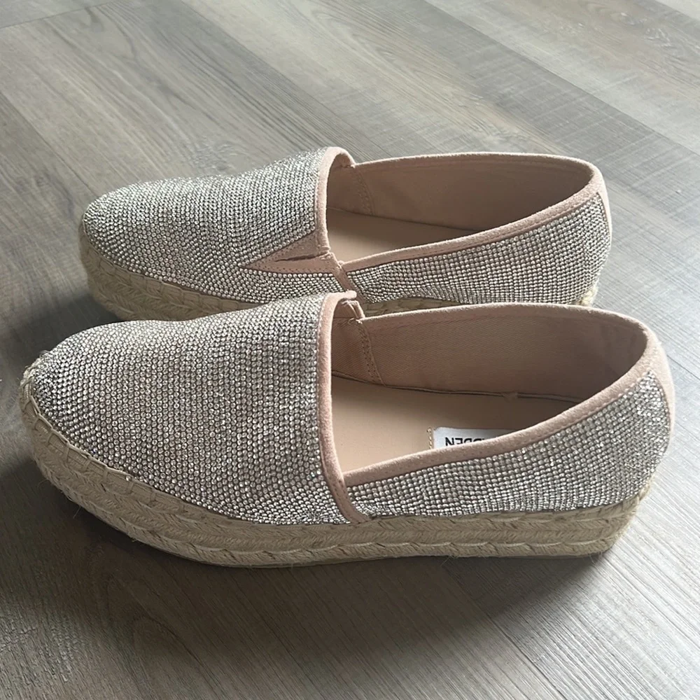 Steve Madden Crystal-Embellished Nude Espadrille Platform Slip-Ons